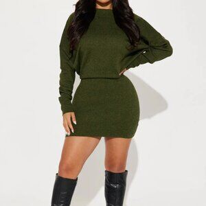 FASHION NOVA- Abby Sweater Mini Dress - Olive/combo (XS)